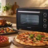 Dyceros Un four de comptoir est posé sur une table de cuisine, devant lequel se trouvent un poulet rôti, des légumes rôtis, une tarte aux fruits rouges et une pizza garnie de basilic. La lumière du soleil pénètre par une fenêtre à l'arrière-plan.