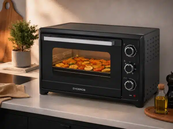 Dyceros Un four de comptoir noir cuit des légumes coupés en rondelles sur une plaque. Le four est équipé de trois boutons de commande et d'une vitre transparente à l'avant. Des ustensiles de cuisine, notamment de l'huile et une plante, sont posés sur le plan de travail à proximité.