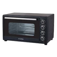 Dyceros Un four électrique Dyceros Solaro 60 L de couleur noire, doté d'une porte en verre à double épaisseur, de quatre boutons de commande situés sur le côté droit et d'une grille métallique à l'intérieur. Le nom de la marque « DYCEROS » figure sur le panneau avant.
