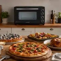 Dyceros Un plan de travail de cuisine avec une table dressée pour le dîner, sur laquelle sont disposés une pizza, un poulet rôti accompagné de pommes de terre, une tarte aux fruits rouges, un petit bol de crème, et un four encastré noir en arrière-plan.