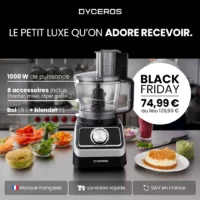 Dyceros Le robot de cuisine multifonctions 1000W - Bol 1,5L, 2 vitesses + turbo, 8 accessoires, fabrication française, est à seulement 74,99 € pour le Black Friday. Livraison rapide et service client français.