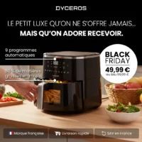 Dyceros Découvrez la friteuse à air 5,7L - 1600W de Dyceros, une friteuse à air robuste avec fenêtre de cuisson transparente. Fabriquée en France, elle permet de cuire des frites parfaites. Achetez-la pour seulement 49,99€ ce vendredi noir avec une livraison rapide et un service client dédié.