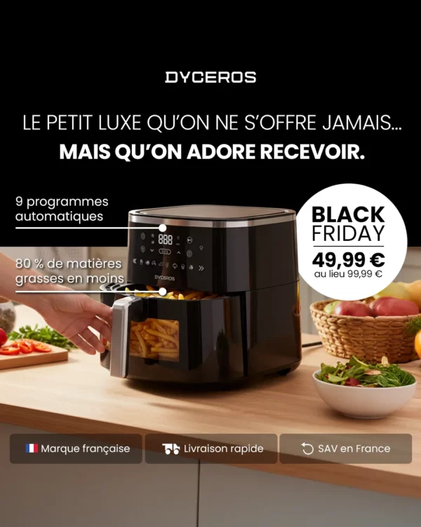 Dyceros Découvrez la friteuse à air 5,7L - 1600W de Dyceros, une friteuse à air robuste avec fenêtre de cuisson transparente. Fabriquée en France, elle permet de cuire des frites parfaites. Achetez-la pour seulement 49,99€ ce vendredi noir avec une livraison rapide et un service client dédié.