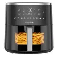 Dyceros The Air Fryer 5,7L - 1600W - Friteuse à air avec fenêtre de cuisson transparente, noire avec affichage digital et boutons tactiles, robuste et durable, affiche des frites dorées dans son panier visible à travers la fenêtre frontale.