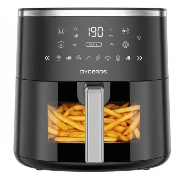 Dyceros The Air Fryer 5,7L - 1600W - Friteuse à air avec fenêtre de cuisson transparente, noire avec affichage digital et boutons tactiles, robuste et durable, affiche des frites dorées dans son panier visible à travers la fenêtre frontale.