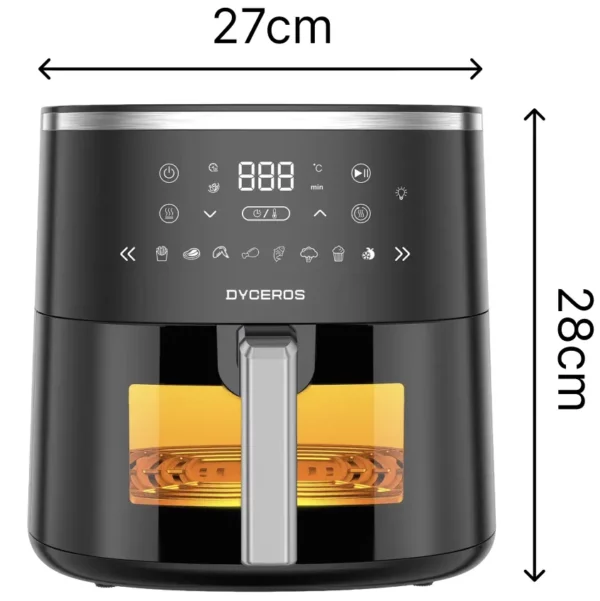Dyceros La friteuse 5,7L - 1600W est une friteuse noire dotée d'un panneau de commande numérique, d'une fenêtre de cuisson transparente avec un intérieur éclairé en orange, et de dimensions de 27 cm de large par 28 cm de haut.