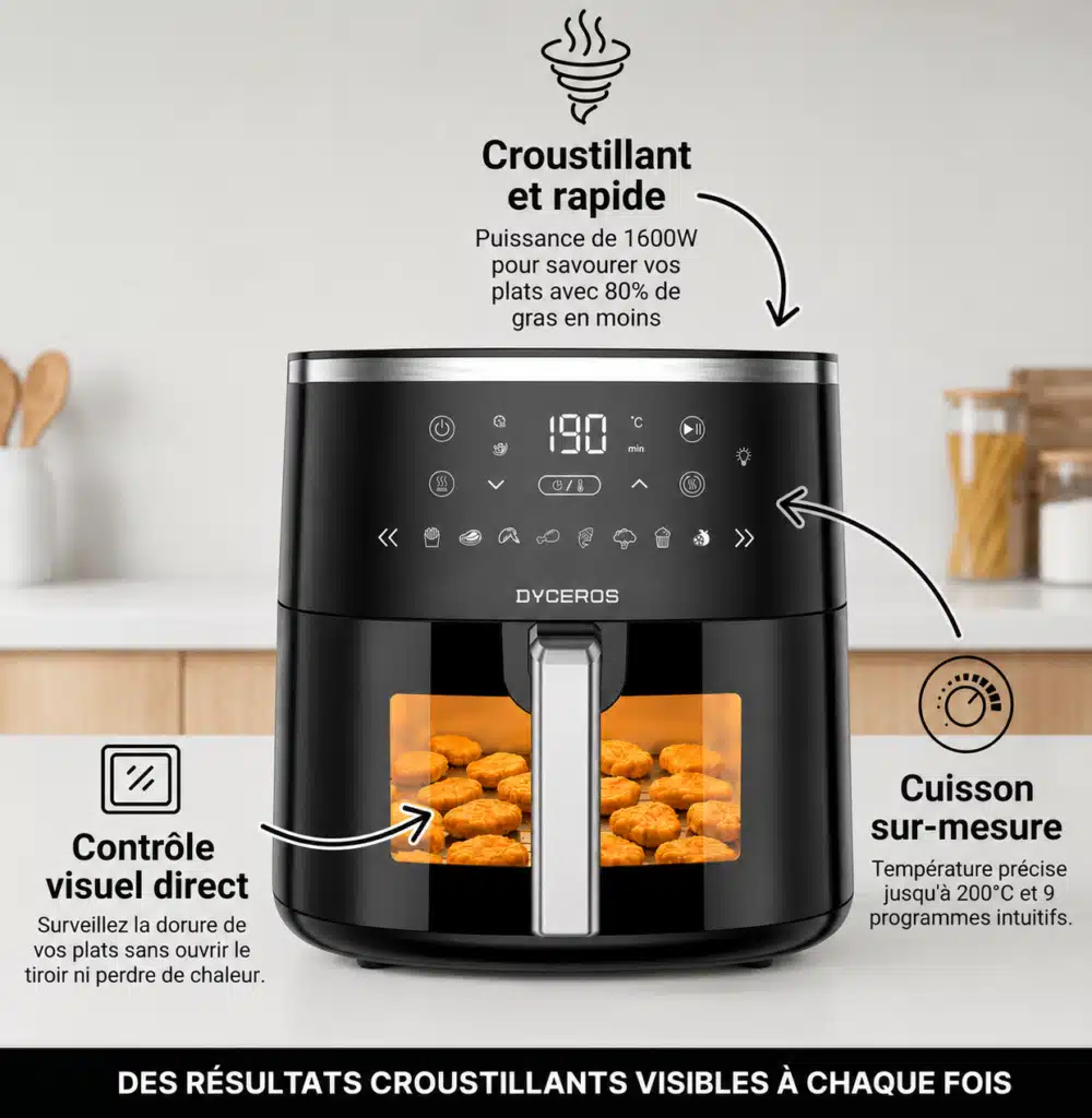 Dyceros La friteuse à air Dyceros ClearFry 1600W | 5,7 L - Friteuse à air avec fenêtre de cuisson transparente montre les aliments croustillants à travers sa fenêtre. Les commandes numériques et le texte en français soulignent la rapidité de la cuisson et la possibilité de personnaliser la température.