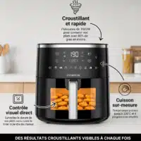 Dyceros La friteuse à air Dyceros ClearFry 1600W | 5,7 L - Friteuse à air avec fenêtre de cuisson transparente montre les aliments croustillants à travers sa fenêtre. Les commandes numériques et le texte en français soulignent la rapidité de la cuisson et la possibilité de personnaliser la température.