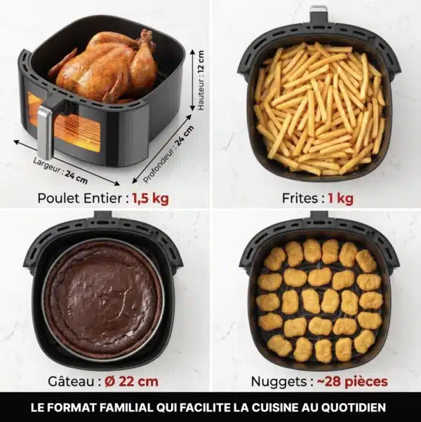 Dyceros Quatre images montrent la friteuse Dyceros ClearFry 1600W | 5,7 L en train de cuire un poulet entier, des frites, un gâteau au chocolat et des nuggets. Les légendes en français soulignent la grande capacité de cuisson familiale et la fenêtre de cuisson transparente.