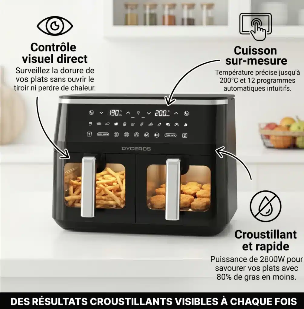 Dyceros La friteuse à air Dyceros ClearFry 1600W (5,7L) offre une fenêtre transparente pour surveiller vos frites et poulet en cuisson ; contrôle visuel, cuisson rapide et croustillante avec jusqu'à 80 % de matières grasses en moins. Étagères d'épices visibles derrière.