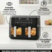 Dyceros La friteuse à air Dyceros ClearFry 1600W (5,7L) offre une fenêtre transparente pour surveiller vos frites et poulet en cuisson ; contrôle visuel, cuisson rapide et croustillante avec jusqu'à 80 % de matières grasses en moins. Étagères d'épices visibles derrière.