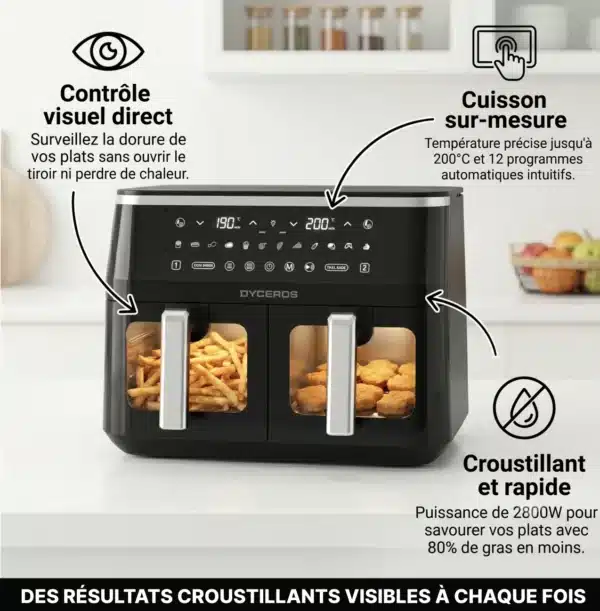 Dyceros La friteuse à air Dyceros ClearFry 1600W (5,7L) offre une fenêtre transparente pour surveiller vos frites et poulet en cuisson ; contrôle visuel, cuisson rapide et croustillante avec jusqu'à 80 % de matières grasses en moins. Étagères d'épices visibles derrière.