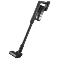 Dyceros Un Aspirateur balai sans fil cyclonique 500W - Brosse spéciale poils d'animaux noir avec une poubelle transparente et une poignée coudée est représenté debout sur un fond blanc.