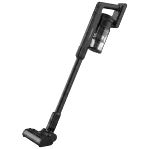 Dyceros Un Aspirateur balai sans fil cyclonique 500W - Brosse spéciale poils d'animaux noir avec une poubelle transparente et une poignée coudée est représenté debout sur un fond blanc.