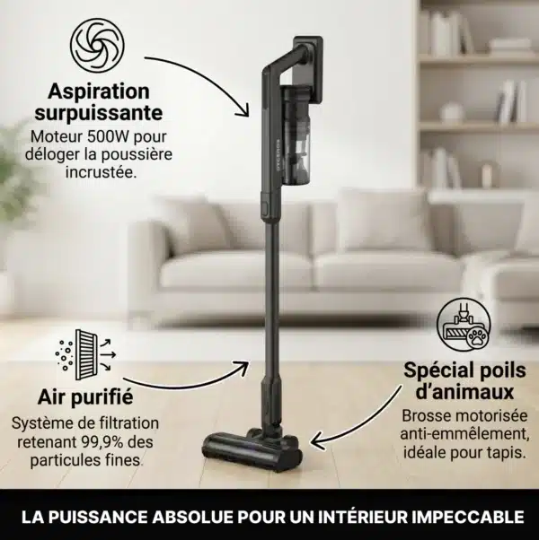 Dyceros L'aspirateur balai sans fil Dyceros AS700 (500W, technologie cyclonique) se dresse dans un salon, doté d'une brosse spéciale poils d'animaux et d'un système de filtration avancé pour un air purifié.