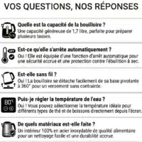 Dyceros Une image de la FAQ pour la Bouilloire électrique Dyceros PureTemp Digital 2200W (1,7L, température réglable, écran tactile, intérieur acier inoxydable), avec des icônes répondant à la capacité, l'arrêt automatique, l'utilisation sans fil, la température réglable, et la sécurité.