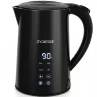 Dyceros La Bouilloire électrique Dyceros PureTemp Digital 2200W (1,7 L) dispose d'un affichage numérique à 90°C, de commandes tactiles pour les réglages vert, blanc, oolong et ébullition, et du logo DYCEROS sur le devant.