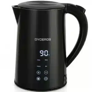 Dyceros La Bouilloire électrique Dyceros PureTemp Digital 2200W (1,7 L) dispose d'un affichage numérique à 90°C, de commandes tactiles pour les réglages vert, blanc, oolong et ébullition, et du logo DYCEROS sur le devant.