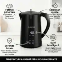 Dyceros Bouilloire électrique Dyceros PureTemp Digital 2200W noire, 1,7 L, avec écran tactile et température réglable : grande capacité, ébullition rapide et parois isolantes pour contrôler facilement la température.