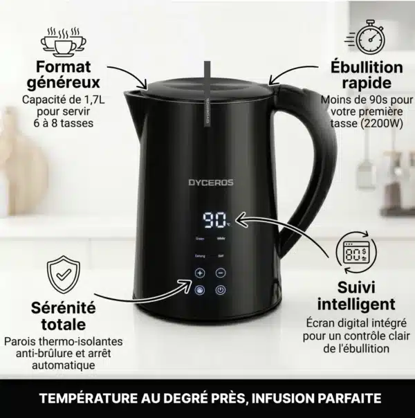 Dyceros Bouilloire électrique Dyceros PureTemp Digital 2200W noire, 1,7 L, avec écran tactile et température réglable : grande capacité, ébullition rapide et parois isolantes pour contrôler facilement la température.