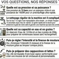 Dyceros Infographie en français sur la Machine à café à grains Dyceros Setosa 15 bars : 1450W, capacité 1,8L/250g, mouture et intensité réglables, nettoyage facile, préparations expresso/cappuccino/latte avec buse vapeur mousse de lait.
