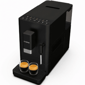 Dyceros La Machine à café à grains Dyceros Setosa 15 bars dispose d'un panneau de commande numérique, d'une buse vapeur pour la mousse de lait, et est livrée avec deux petites tasses à espresso placées sur le plateau d'égouttage.