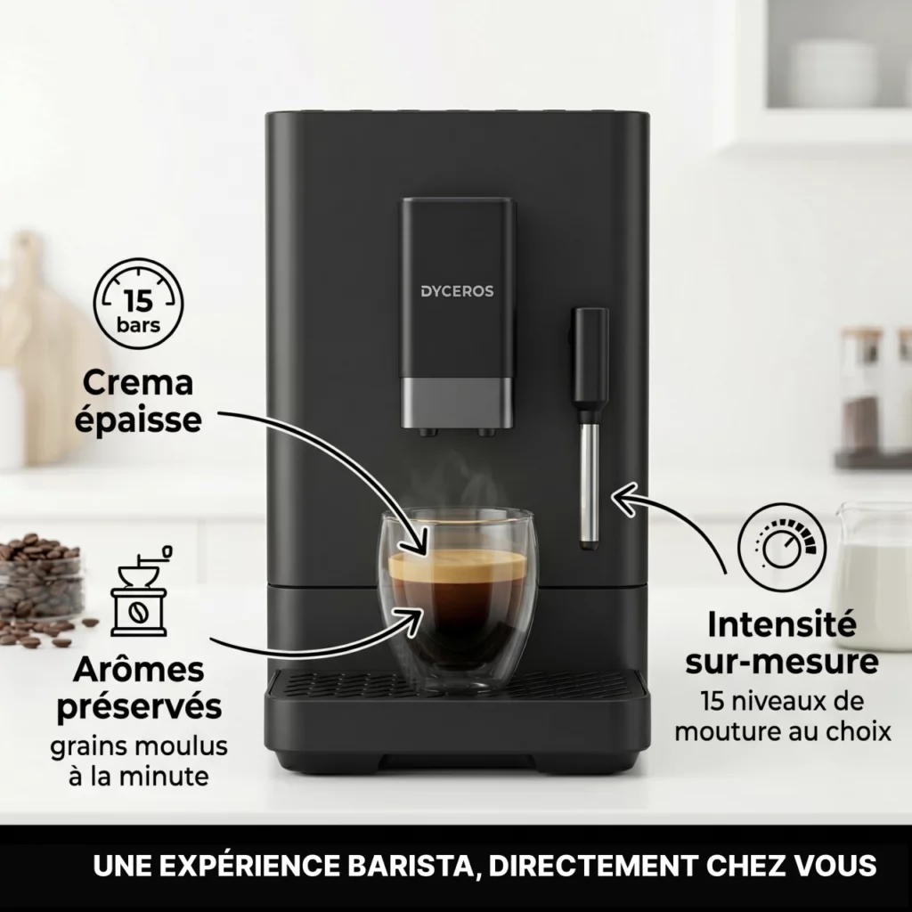 Dyceros Une machine à café à grains Dyceros Setosa 15 bars | Expresso Broyeur superautomatique avec une buse à vapeur pour faire mousser le lait prépare le café dans une tasse en verre, avec une crème épaisse, une intensité personnalisable et un arôme de mouture fraîche.