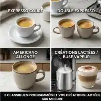 Dyceros Quatre images montrent l'expresso, le double expresso, l'americano et le lait qui mousse dans un latte, accompagnées d'un texte en français sur les boissons classiques et les créations de lait personnalisées avec la Machine à café à grains Dyceros Setosa 15 bars | Expresso Broyeur superautomatique - Buse vapeur pour mousse de lait.