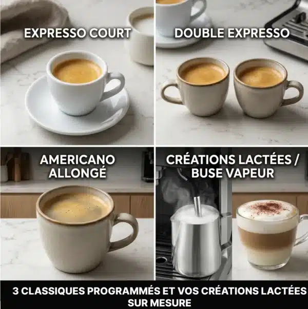 Dyceros Quatre images montrent l'expresso, le double expresso, l'americano et le lait qui mousse dans un latte, accompagnées d'un texte en français sur les boissons classiques et les créations de lait personnalisées avec la Machine à café à grains Dyceros Setosa 15 bars | Expresso Broyeur superautomatique - Buse vapeur pour mousse de lait.