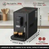 Dyceros Découvrez la machine à café à grains Dyceros Setosa 15 bars : broyeur expresso superautomatique avec buse vapeur pour mousse de lait, réservoir 1,8L, bac à grains 200g, pression 15 bars, puissance 1350W. Dimensions compactes : 32x43x18cm.