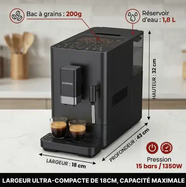 Dyceros Découvrez la machine à café à grains Dyceros Setosa 15 bars : broyeur expresso superautomatique avec buse vapeur pour mousse de lait, réservoir 1,8L, bac à grains 200g, pression 15 bars, puissance 1350W. Dimensions compactes : 32x43x18cm.