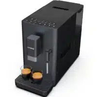 Dyceros Une Machine à café automatique / Espresso - Broyeur à grain intégré noire et élégante prépare deux expressos dans des tasses en verre placées sur le plateau. La fabrication française garantit des performances durables et robustes à chaque fois.