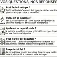 GT700_FAQ Dyceros Une FAQ française pour le Grille-pain Dyceros Crusteo 1400W, affichant des icônes et réponses sur son nettoyage facile, puissance de 1400W, capacité de 4 tranches avec fentes larges et longues, mode baguette et corps en acier inoxydable.