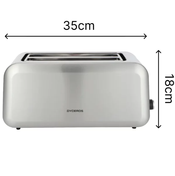 Dyceros Le "Grille-Pain Extra Large 4 Tranches Inox 1400W" est un grille-pain argenté étiqueté DYCEROS, comportant quatre fentes et mesurant 35 cm de large par 18 cm de haut, les flèches de mesure étant indiquées pour plus de clarté.