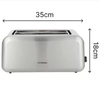 Dyceros Une Grille-Pain argentée Extra Large 4 Tranches Inox 1400W comporte deux fentes, mesure 35 cm de large et 18 cm de haut, avec des flèches et des chiffres noirs indiquant les dimensions. La mention "DYCEROS" figure sur la face avant.