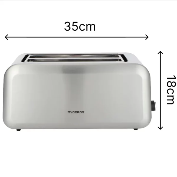 Dyceros Une Grille-Pain argentée Extra Large 4 Tranches Inox 1400W comporte deux fentes, mesure 35 cm de large et 18 cm de haut, avec des flèches et des chiffres noirs indiquant les dimensions. La mention "DYCEROS" figure sur la face avant.