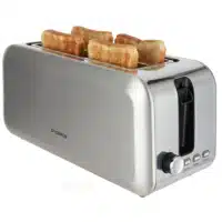 Dyceros Le Grille-Pain Extra Large 4 Tranches Inox 1400W est un grille-pain en acier inoxydable pouvant contenir quatre tranches, avec un levier et trois boutons latéraux, affichés sur un fond blanc.