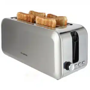 Dyceros Le Grille-Pain Extra Large 4 Tranches Inox 1400W est un grille-pain en acier inoxydable pouvant contenir quatre tranches, avec un levier et trois boutons latéraux, affichés sur un fond blanc.