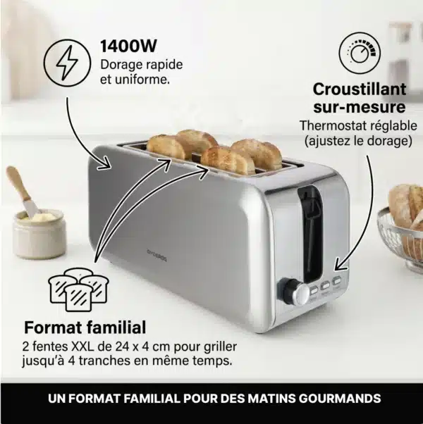 GT700_info1 Dyceros A Grille-pain Dyceros Crusteo 1400W en acier inoxydable, avec 4 fentes larges et longues pour grandes tranches, est posé sur un comptoir près du beurre et d'une assiette. Le texte français présente sa puissance et son thermostat réglable.