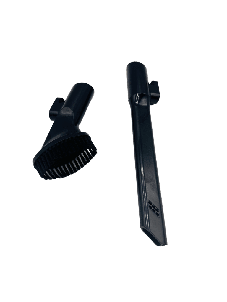 Dyceros Deux accessoires noirs - une tête de brosse ronde, un embout plat - sur fond blanc. Des accessoires parfaits pour votre Aspirateur balai sans fil cyclonique 500W avec brosse spéciale poils d'animaux.