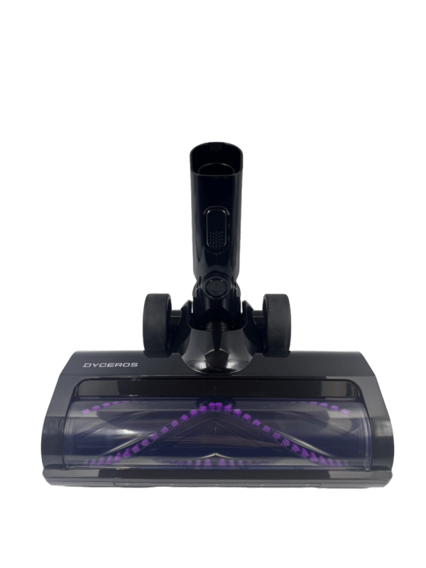 Dyceros Aspirateur balai sans fil cyclonique 500W - Brosse spéciale poils d'animaux, noir, avec brins violets et couvercle transparent, présentée sur fond blanc.