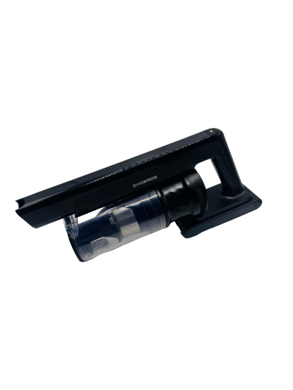 Dyceros L'Aspirateur balai sans fil cyclonique 500W avec brosse spéciale poils d'animaux, doté d'un collecteur transparent et d'une poignée noire, est présenté sur un fond blanc uni.