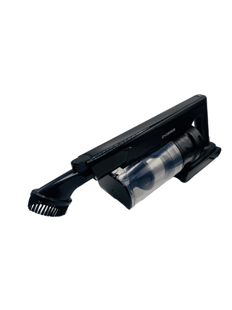 Dyceros L'Aspirateur balai sans fil cyclonique 500W - Brosse spéciale poils d'animaux est un aspirateur sans fil noir et transparent avec un accessoire brosse, présenté sur un fond blanc uni.