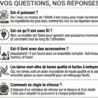 Dyceros FAQ produit français avec icônes : Le Mixeur plongeant 3-en-1 Dyceros Slash 1000W offre un pied inox, une vitesse variable + Turbo, et inclut hachoir et fouet. Pratique, sans fil, avec lames faciles à nettoyer pour toutes préparations.