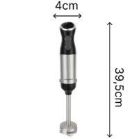 Dyceros Le Mixeur plongeant 1000W avec pied en inox amovible et accessoires inclus est présenté debout, mesurant 4 cm de largeur et 39,5 cm de hauteur dans un design argenté et noir.