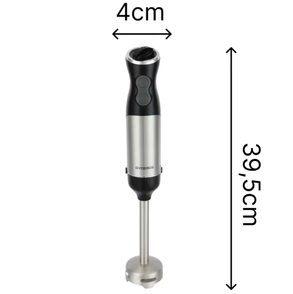 Dyceros Le Mixeur plongeant 1000W avec pied en inox amovible et accessoires inclus est présenté debout, mesurant 4 cm de largeur et 39,5 cm de hauteur dans un design argenté et noir.