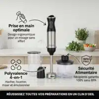 Dyceros Le Mixeur plongeant 3-en-1 Dyceros Slash 1000W avec pied inox, variateur + Turbo inclut un hachoir, un fouet et un verre doseur. Son design ergonomique et ses accessoires sans BPA en font l'allié polyvalent et sûr de votre cuisine.