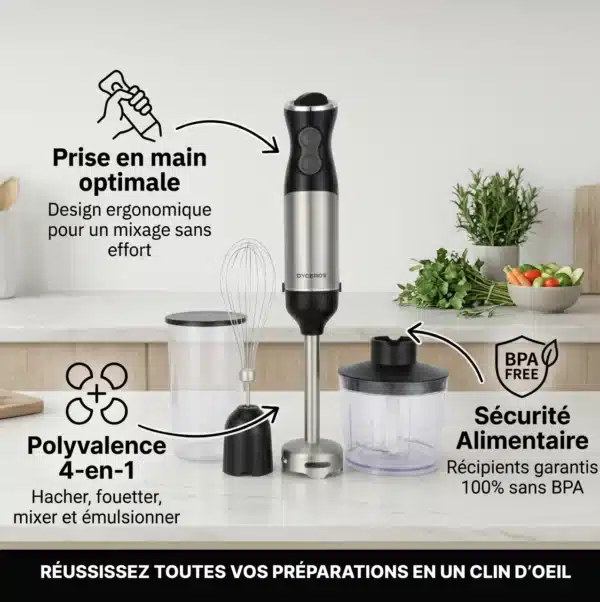 Dyceros Le Mixeur plongeant 3-en-1 Dyceros Slash 1000W avec pied inox, variateur + Turbo inclut un hachoir, un fouet et un verre doseur. Son design ergonomique et ses accessoires sans BPA en font l'allié polyvalent et sûr de votre cuisine.