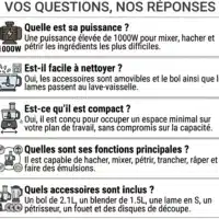 Dyceros FAQ pour votre robot multifonction Dyceros MultiForce 1000W, avec des icônes indiquant sa puissance de 1000W, son nettoyage facile, son design compact, ses fonctions principales (mixer, hacher, râper), et les accessoires inclus : bol de 1,5 L, mixeur, disques et spatule.