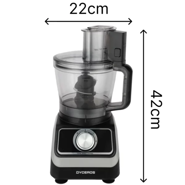 Dyceros Le Robot de cuisine multifonctions 1000W est doté d'un bol transparent de 1,5 litre, de deux vitesses plus une turbo, d'un design noir et argent (22 cm de large, 42 cm de haut), de cadrans de contrôle et d'une poignée droite pour une utilisation facile.